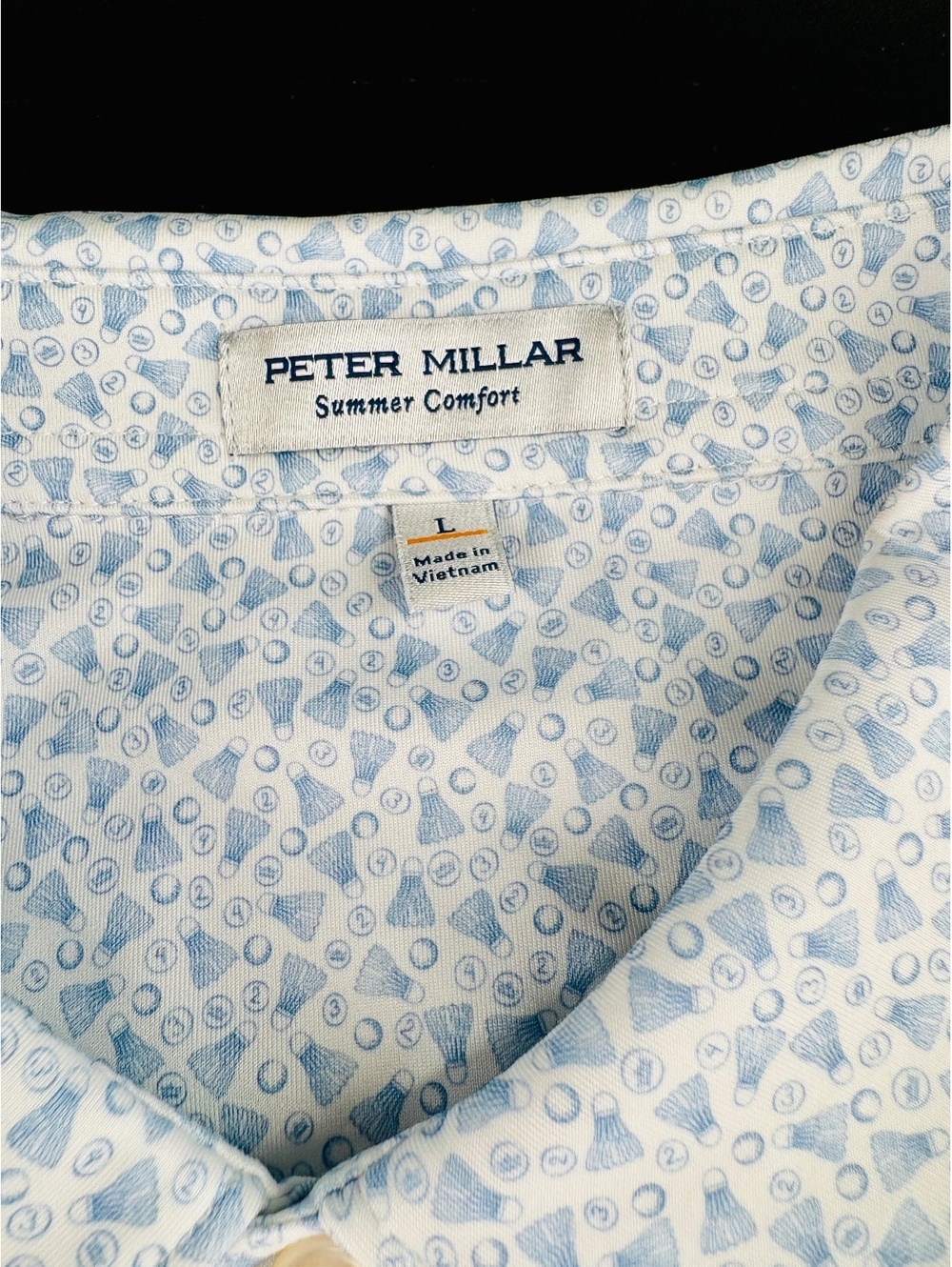 Peter Millar Summer Comfort Golf Polo Men's L Shuttlecock Print Blue White - Picture 3 of 6